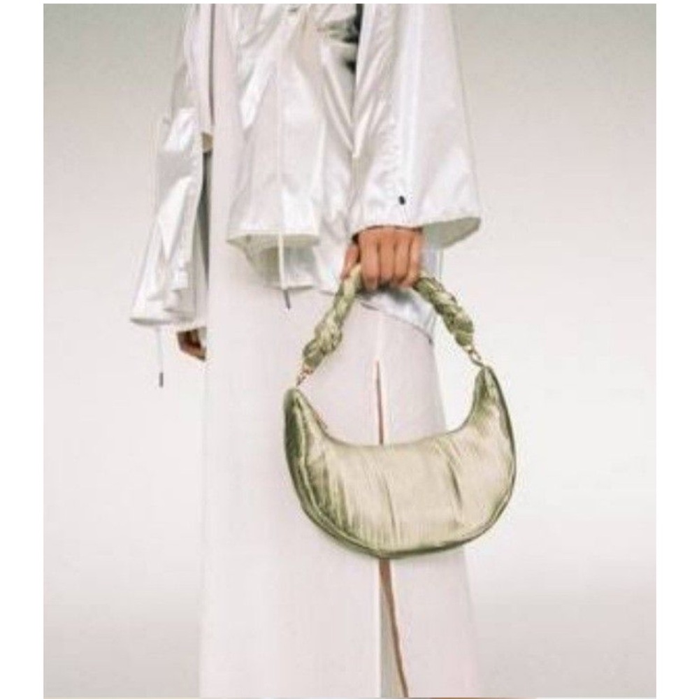 Zara Pale Green Satin Plissé Half Moon Bag - Braided Strap Pleated
